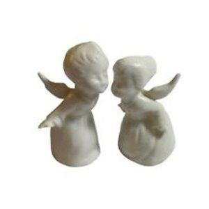 KISSING ANGEL PAIR SCHMID BROS Figurines Bisque Ceramic -Original Label~ JAPAN